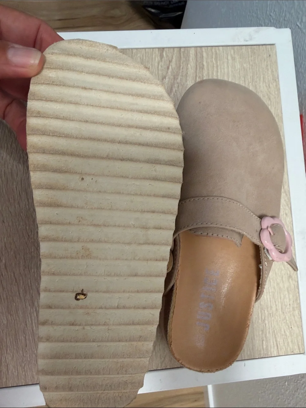 Justice Taupe Slip-On Clogs with Pink Flower Buckles